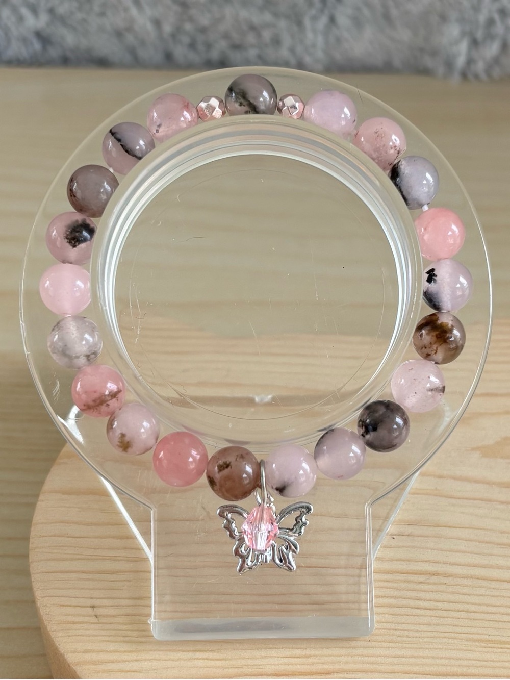 Pink Jade Beaded Stretch Bracelet with Butterfly